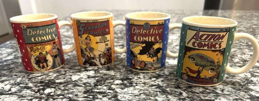 DC Comics Batman, Superman, Wonder Woman, Batman & Robin Mugs - Vintage Set of 4